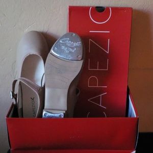 Womens nude/tan tap shoes, wide width